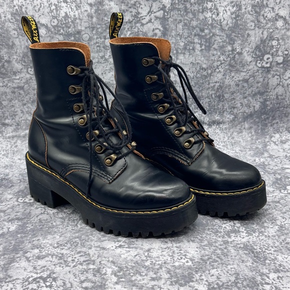 Dr. Martens Shoes - Dr. Martens Black Leather Platform Boots (Leona)